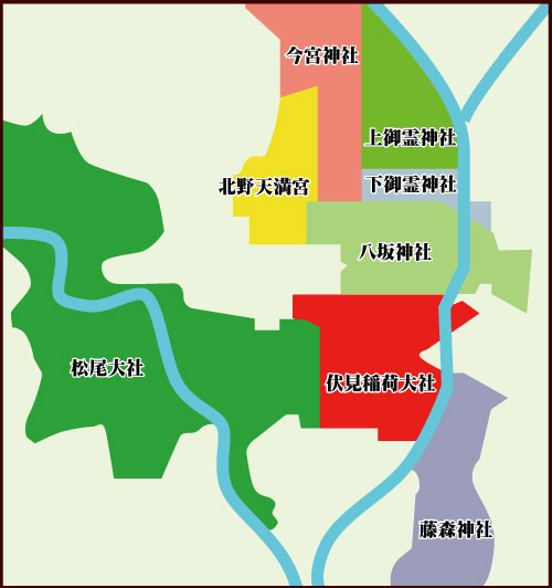 京都市内各地の氏神様分布図